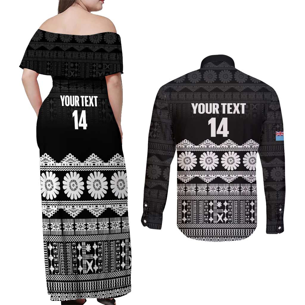Fiji Tapa Rugby Custom Couples Matching Off Shoulder Maxi Dress and Long Sleeve Button Shirt Go Fijiana - Polynesian Pride
