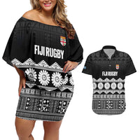 Fiji Tapa Rugby Custom Couples Matching Off Shoulder Short Dress and Hawaiian Shirt Go Fijiana - Polynesian Pride