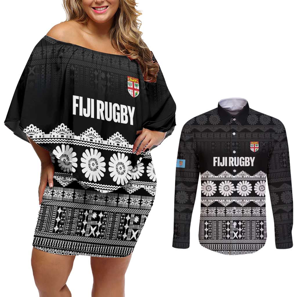 Fiji Tapa Rugby Custom Couples Matching Off Shoulder Short Dress and Long Sleeve Button Shirt Go Fijiana - Polynesian Pride