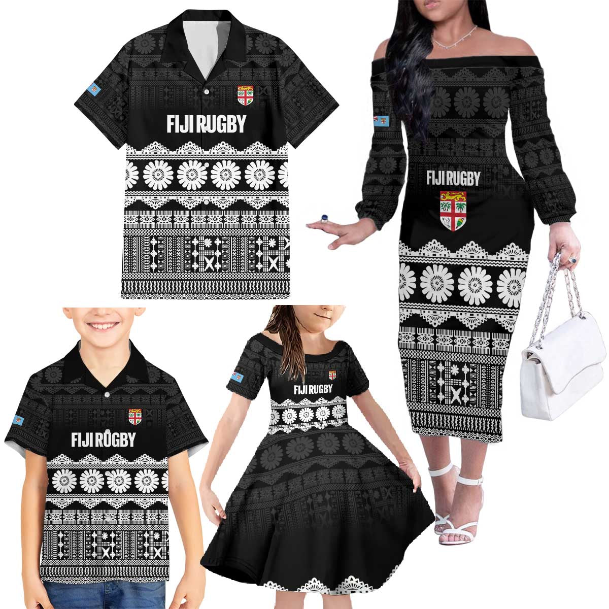 Fiji Tapa Rugby Custom Family Matching Off The Shoulder Long Sleeve Dress and Hawaiian Shirt Go Fijiana - Polynesian Pride
