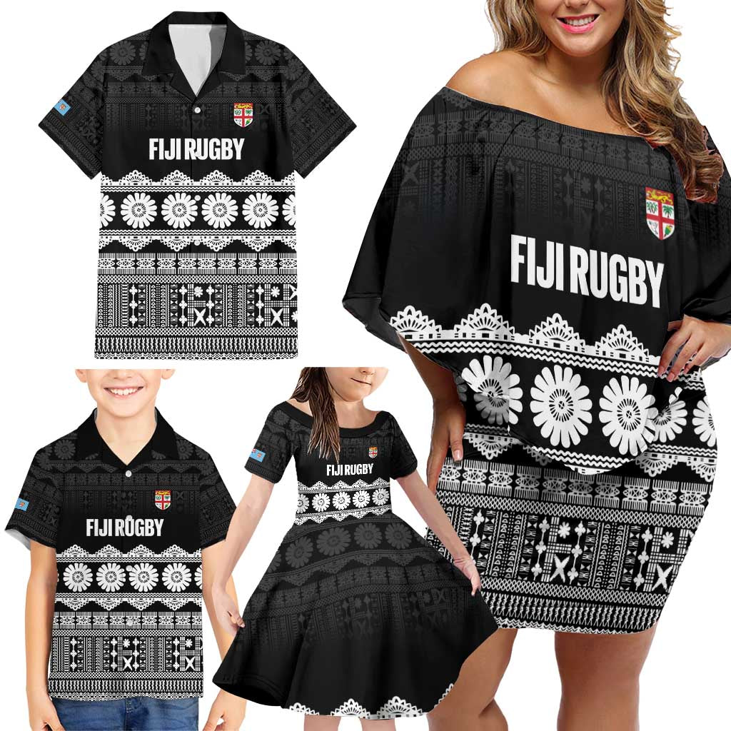 Fiji Tapa Rugby Custom Family Matching Off Shoulder Short Dress and Hawaiian Shirt Go Fijiana - Polynesian Pride