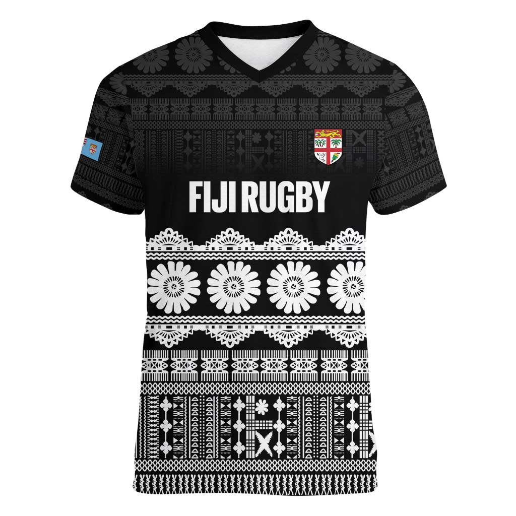 Fiji Tapa Rugby Custom Women V-Neck T-Shirt Go Fijiana - Polynesian Pride