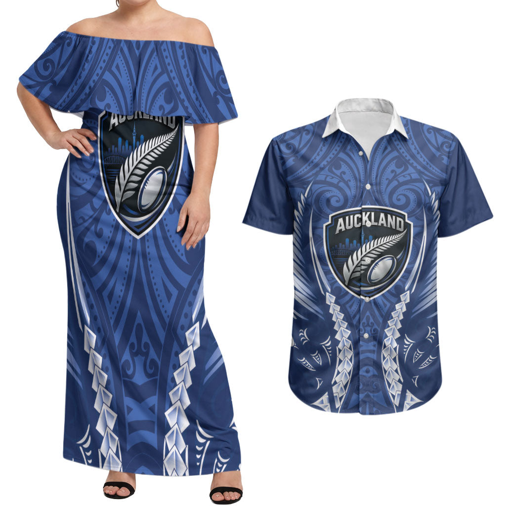 Auckland 2026 Rugby Custom Couples Matching Off Shoulder Maxi Dress and Hawaiian Shirt NZ Maori Silver Fern LT14 Blue - Polynesian Pride