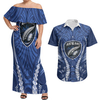 Auckland 2026 Rugby Custom Couples Matching Off Shoulder Maxi Dress and Hawaiian Shirt NZ Maori Silver Fern LT14 Blue - Polynesian Pride