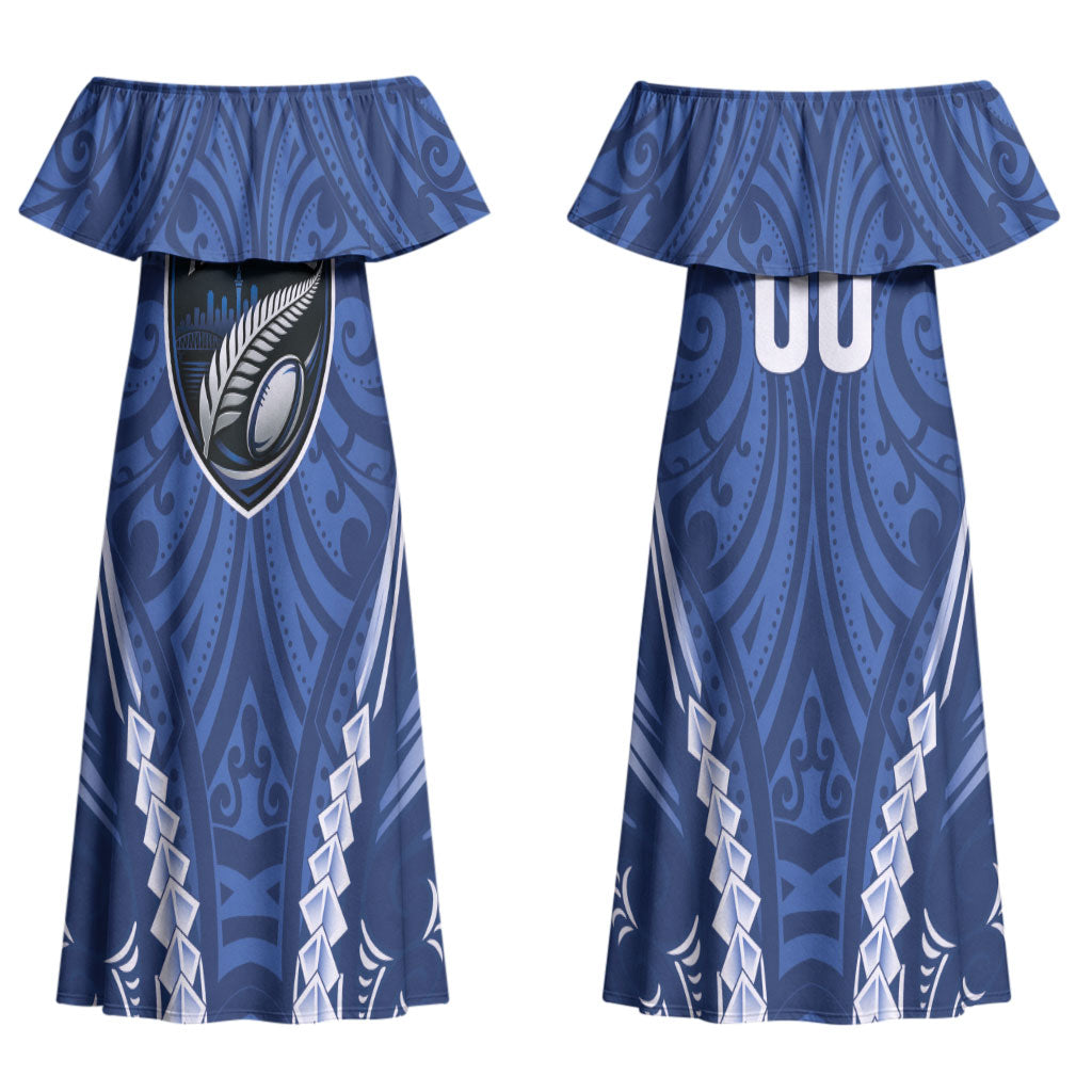 Auckland 2026 Rugby Custom Couples Matching Off Shoulder Maxi Dress and Hawaiian Shirt NZ Maori Silver Fern LT14 - Polynesian Pride