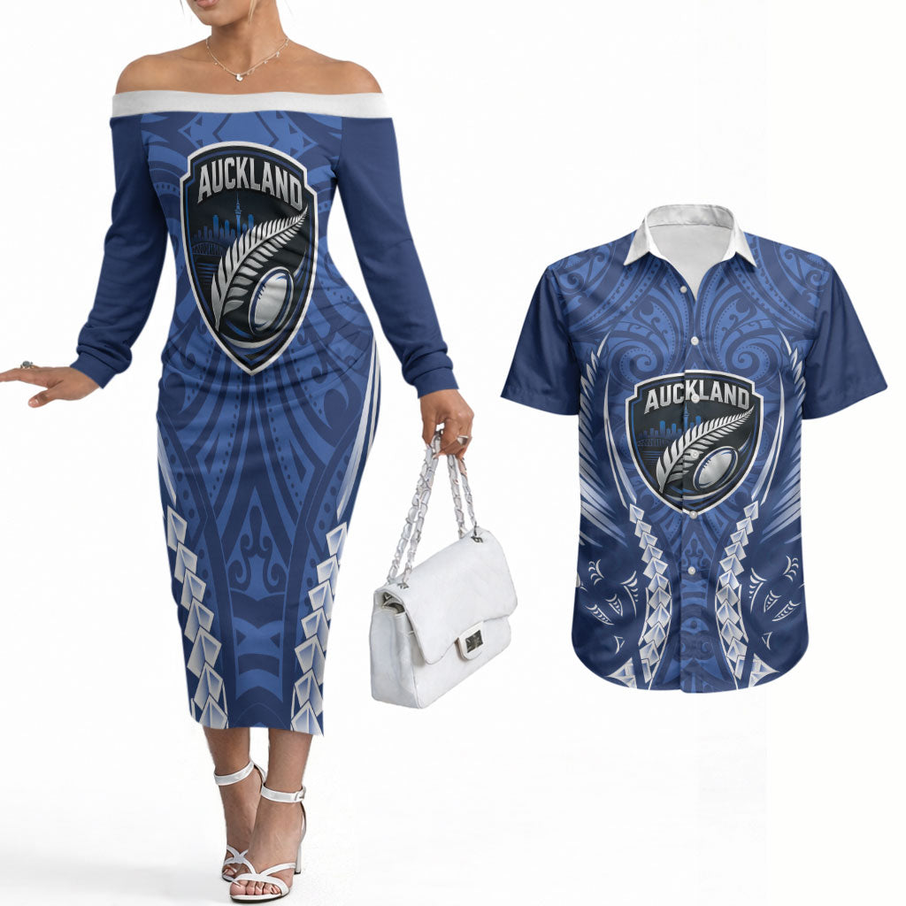 Auckland 2026 Rugby Custom Couples Matching Off The Shoulder Long Sleeve Dress and Hawaiian Shirt NZ Maori Silver Fern LT14 Blue - Polynesian Pride