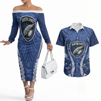 Auckland 2026 Rugby Custom Couples Matching Off The Shoulder Long Sleeve Dress and Hawaiian Shirt NZ Maori Silver Fern LT14 Blue - Polynesian Pride