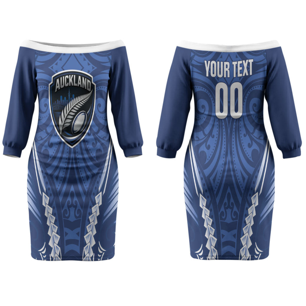 Auckland 2026 Rugby Custom Couples Matching Off The Shoulder Long Sleeve Dress and Hawaiian Shirt NZ Maori Silver Fern LT14 - Polynesian Pride