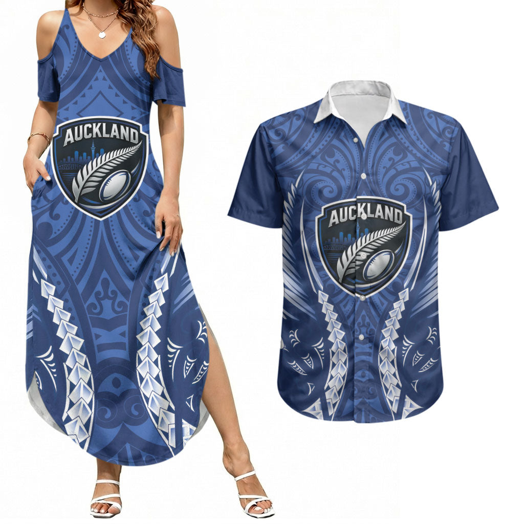 Auckland 2026 Rugby Custom Couples Matching Summer Maxi Dress and Hawaiian Shirt NZ Maori Silver Fern LT14 Blue - Polynesian Pride