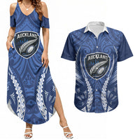 Auckland 2026 Rugby Custom Couples Matching Summer Maxi Dress and Hawaiian Shirt NZ Maori Silver Fern LT14 Blue - Polynesian Pride