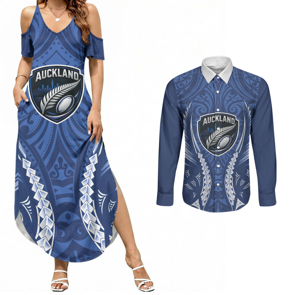 Auckland 2026 Rugby Custom Couples Matching Summer Maxi Dress and Long Sleeve Button Shirt NZ Maori Silver Fern LT14 Blue - Polynesian Pride