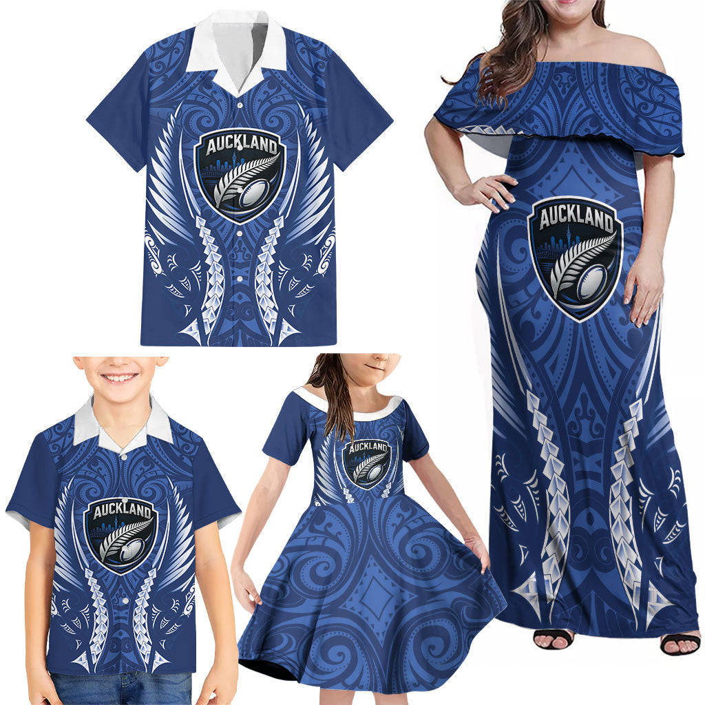 Auckland 2026 Rugby Custom Family Matching Off Shoulder Maxi Dress and Hawaiian Shirt NZ Maori Silver Fern