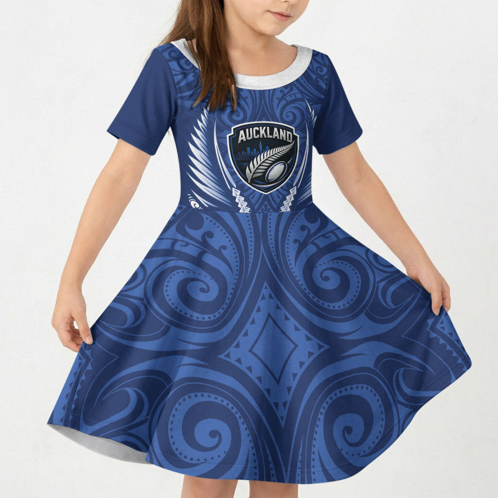 Auckland 2026 Rugby Custom Kid Short Sleeve Dress NZ Maori Silver Fern LT14 KID Blue - Polynesian Pride