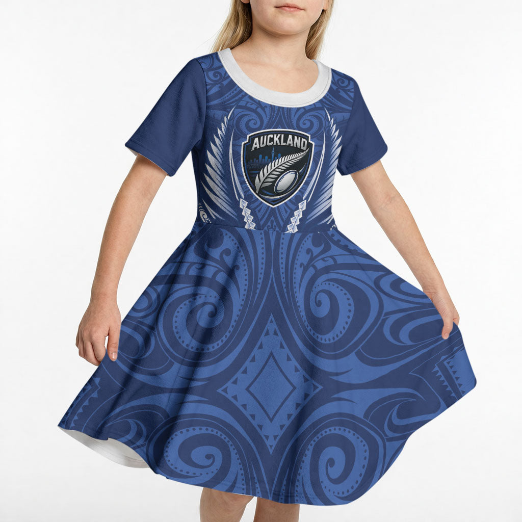 Auckland 2026 Rugby Custom Kid Short Sleeve Dress NZ Maori Silver Fern LT14 - Polynesian Pride