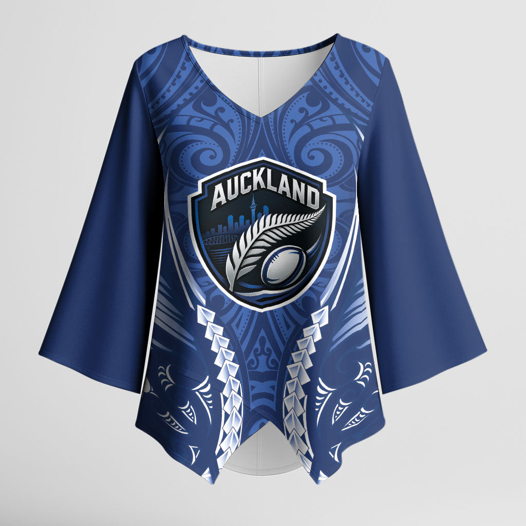 Auckland 2026 Rugby Custom Kimono Sleeve Blouse NZ Maori Silver Fern LT14 Female Blue - Polynesian Pride