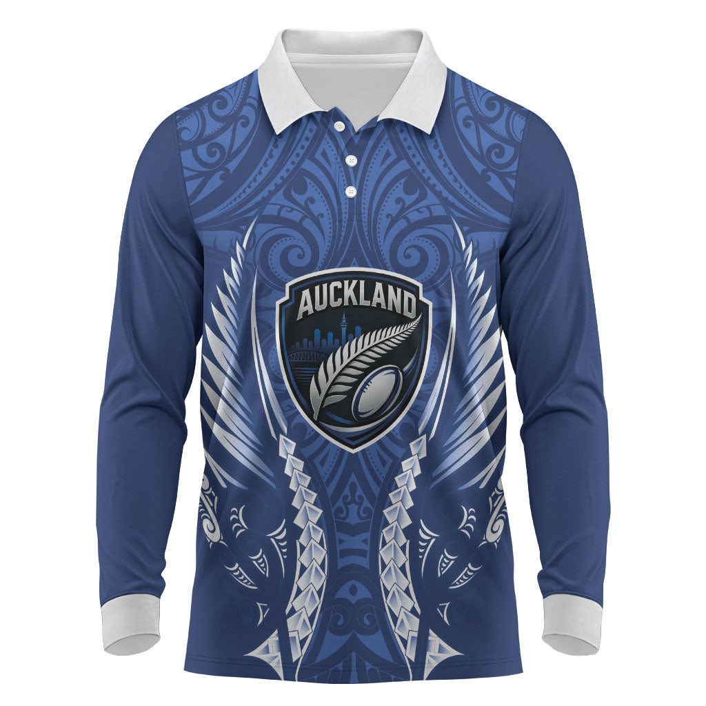Auckland 2026 Rugby Custom Long Sleeve Polo Shirt NZ Maori Silver Fern LT14 Blue - Polynesian Pride