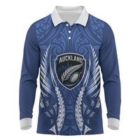 Auckland 2026 Rugby Custom Long Sleeve Polo Shirt NZ Maori Silver Fern LT14 Blue - Polynesian Pride