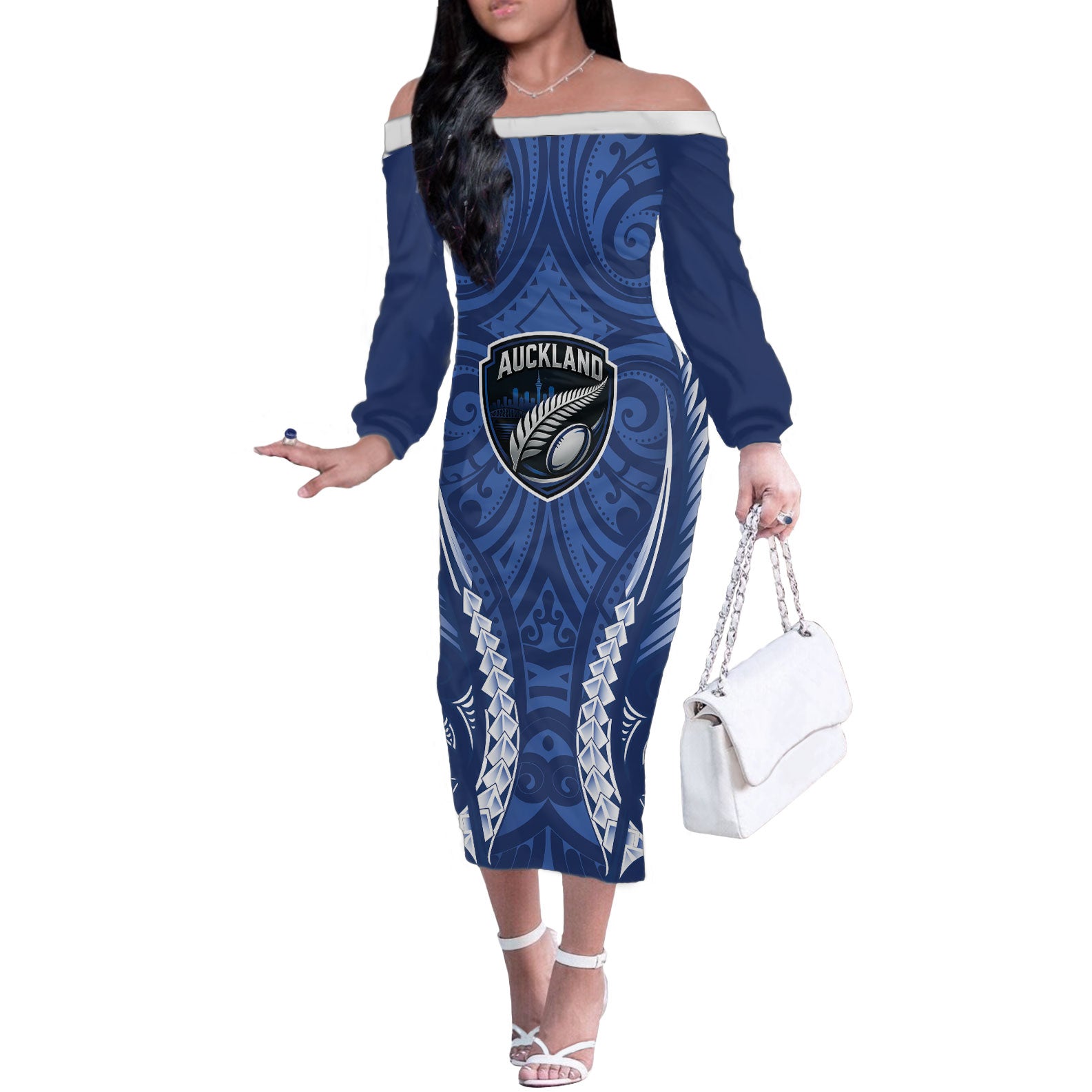 Auckland 2026 Rugby Custom Off The Shoulder Long Sleeve Dress NZ Maori Silver Fern