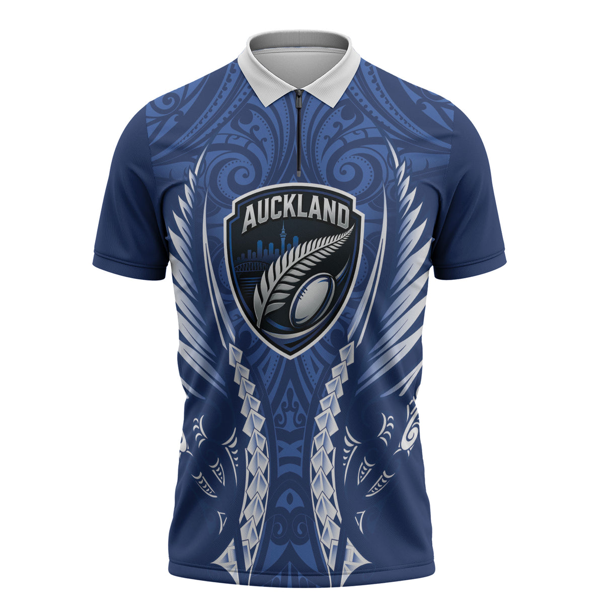 Auckland 2026 Rugby Custom Zipper Polo Shirt NZ Maori Silver Fern LT14 Blue - Polynesian Pride