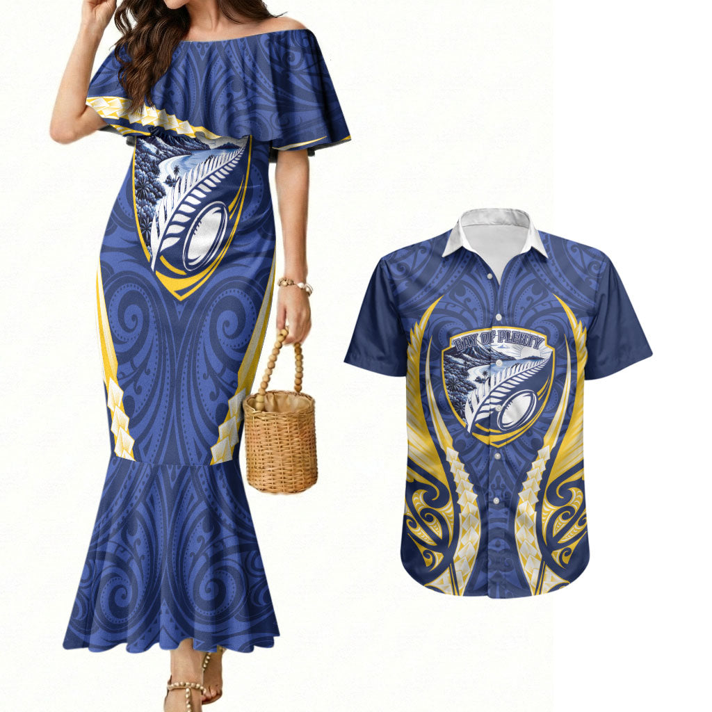 Bay of Plenty 2026 Rugby Custom Couples Matching Mermaid Dress and Hawaiian Shirt NZ Maori Silver Fern LT14 Blue - Polynesian Pride