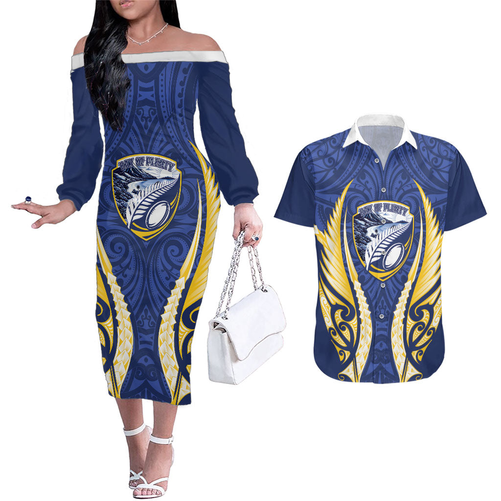 Bay of Plenty 2026 Rugby Custom Couples Matching Off The Shoulder Long Sleeve Dress and Hawaiian Shirt NZ Maori Silver Fern