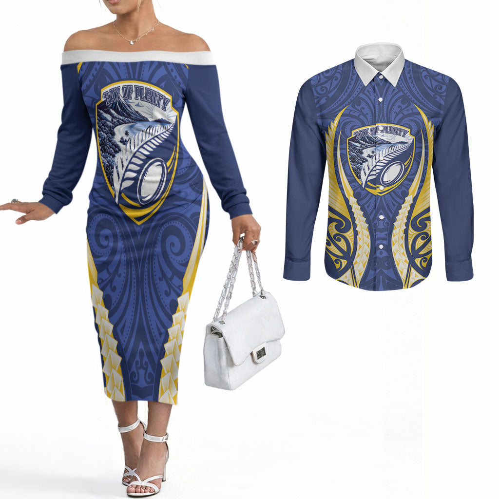 Bay of Plenty 2026 Rugby Custom Couples Matching Off The Shoulder Long Sleeve Dress and Long Sleeve Button Shirt NZ Maori Silver Fern LT14 Blue - Polynesian Pride