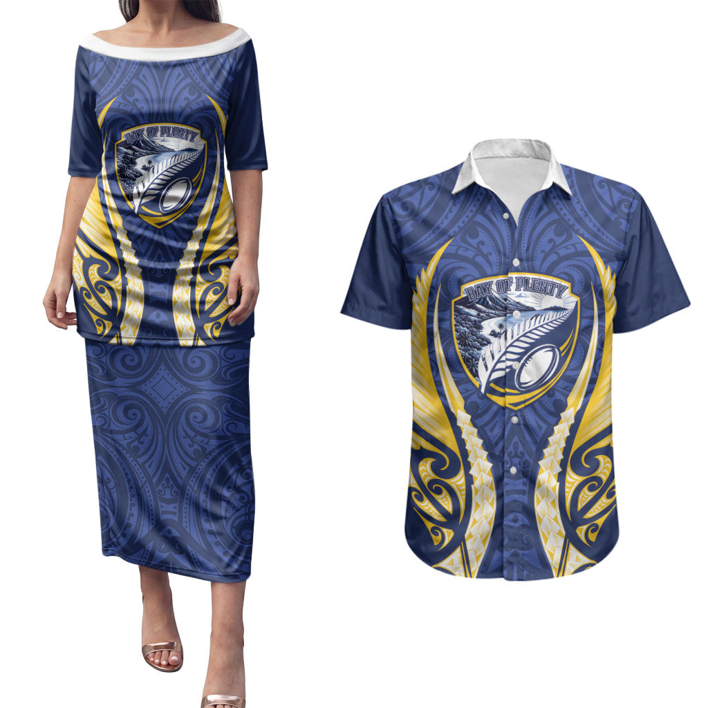 Bay of Plenty 2026 Rugby Custom Couples Matching Puletasi and Hawaiian Shirt NZ Maori Silver Fern LT14 Blue - Polynesian Pride