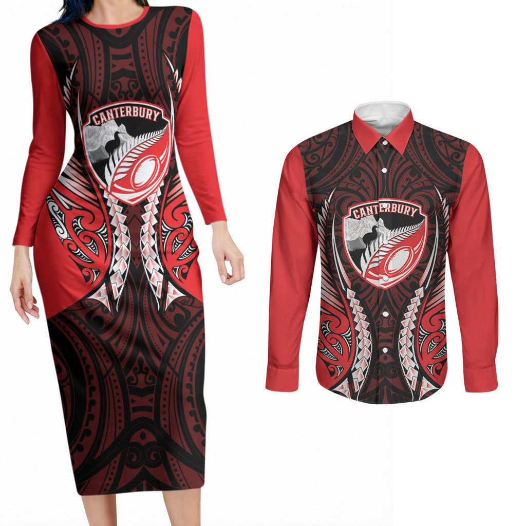 Canterbury 2026 Rugby Custom Couples Matching Long Sleeve Bodycon Dress and Long Sleeve Button Shirt NZ Maori Silver Fern LT14 Red - Polynesian Pride
