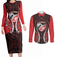 Canterbury 2026 Rugby Custom Couples Matching Long Sleeve Bodycon Dress and Long Sleeve Button Shirt NZ Maori Silver Fern LT14 Red - Polynesian Pride
