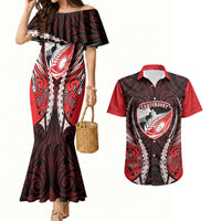 Canterbury 2026 Rugby Custom Couples Matching Mermaid Dress and Hawaiian Shirt NZ Maori Silver Fern LT14 Red - Polynesian Pride