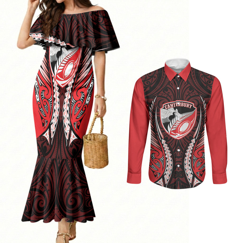 Canterbury 2026 Rugby Custom Couples Matching Mermaid Dress and Long Sleeve Button Shirt NZ Maori Silver Fern LT14 Red - Polynesian Pride