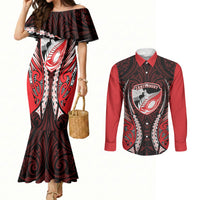 Canterbury 2026 Rugby Custom Couples Matching Mermaid Dress and Long Sleeve Button Shirt NZ Maori Silver Fern LT14 Red - Polynesian Pride