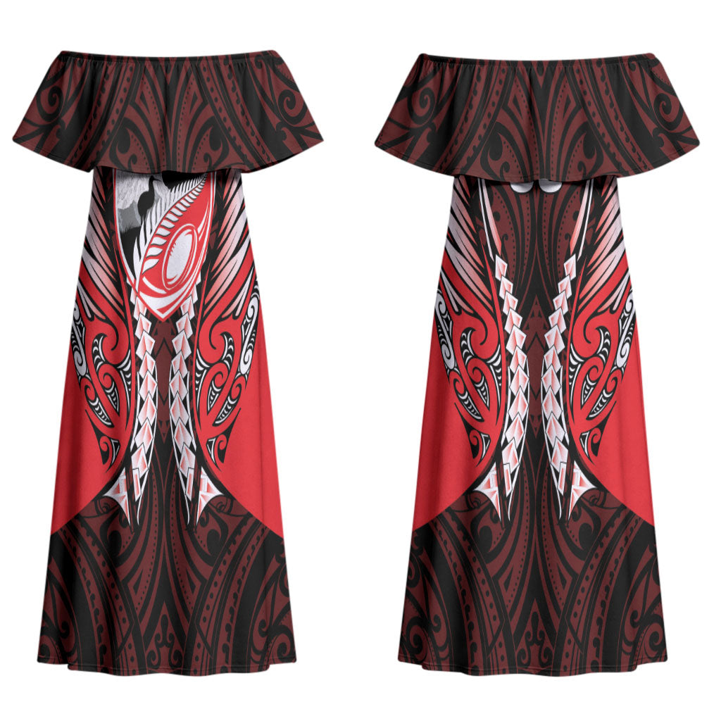 Canterbury 2026 Rugby Custom Couples Matching Off Shoulder Maxi Dress and Hawaiian Shirt NZ Maori Silver Fern LT14 - Polynesian Pride