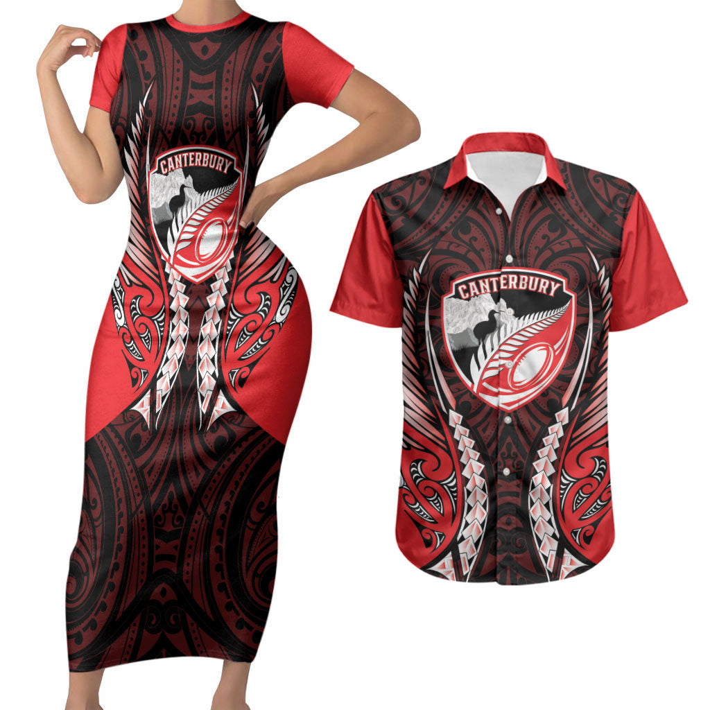 Canterbury 2026 Rugby Custom Couples Matching Short Sleeve Bodycon Dress and Hawaiian Shirt NZ Maori Silver Fern LT14 Red - Polynesian Pride
