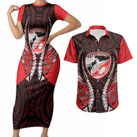 Canterbury 2026 Rugby Custom Couples Matching Short Sleeve Bodycon Dress and Hawaiian Shirt NZ Maori Silver Fern LT14 Red - Polynesian Pride