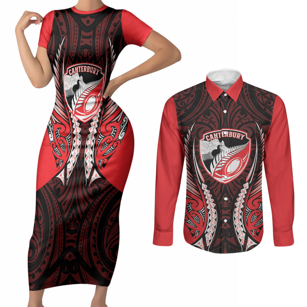 Canterbury 2026 Rugby Custom Couples Matching Short Sleeve Bodycon Dress and Long Sleeve Button Shirt NZ Maori Silver Fern LT14 Red - Polynesian Pride