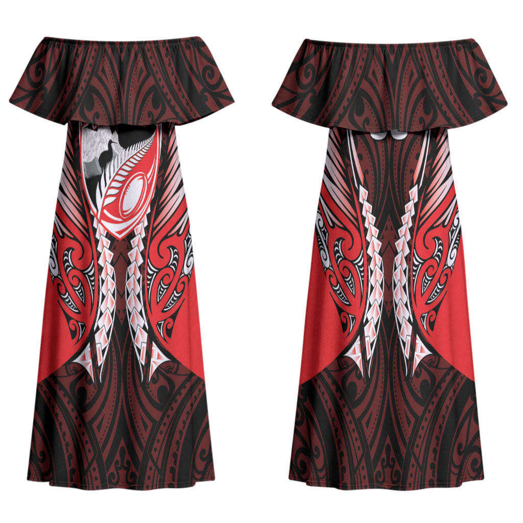 Canterbury 2026 Rugby Custom Family Matching Off Shoulder Maxi Dress and Hawaiian Shirt NZ Maori Silver Fern LT14 Mom's Dress Red - Polynesian Pride