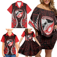 Canterbury 2026 Rugby Custom Family Matching Off Shoulder Short Dress and Hawaiian Shirt NZ Maori Silver Fern LT14 - Polynesian Pride