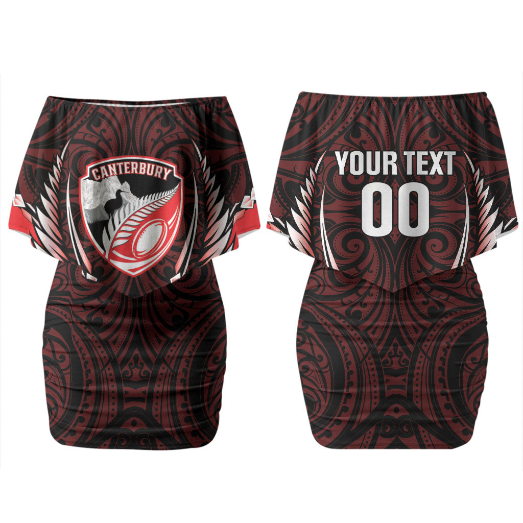 Canterbury 2026 Rugby Custom Family Matching Off Shoulder Short Dress and Hawaiian Shirt NZ Maori Silver Fern LT14 Mom's Dress Red - Polynesian Pride