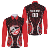 Canterbury 2026 Rugby Custom Family Matching Off Shoulder Short Dress and Hawaiian Shirt NZ Maori Silver Fern LT14 Dad's Shirt - Long Sleeve Red - Polynesian Pride
