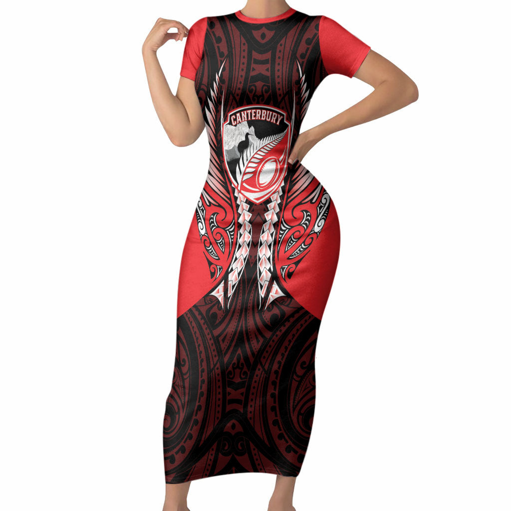 Canterbury 2026 Rugby Custom Short Sleeve Bodycon Dress NZ Maori Silver Fern LT14 Long Dress Red - Polynesian Pride
