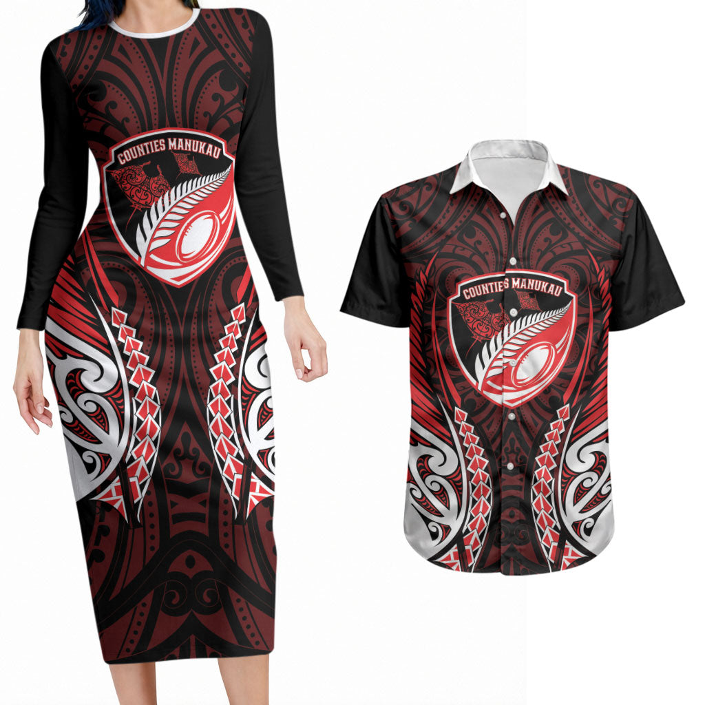 Counties Manukau 2026 Rugby Custom Couples Matching Long Sleeve Bodycon Dress and Hawaiian Shirt NZ Maori Silver Fern LT14 Red - Polynesian Pride