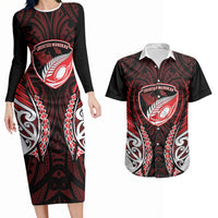 Counties Manukau 2026 Rugby Custom Couples Matching Long Sleeve Bodycon Dress and Hawaiian Shirt NZ Maori Silver Fern LT14 Red - Polynesian Pride