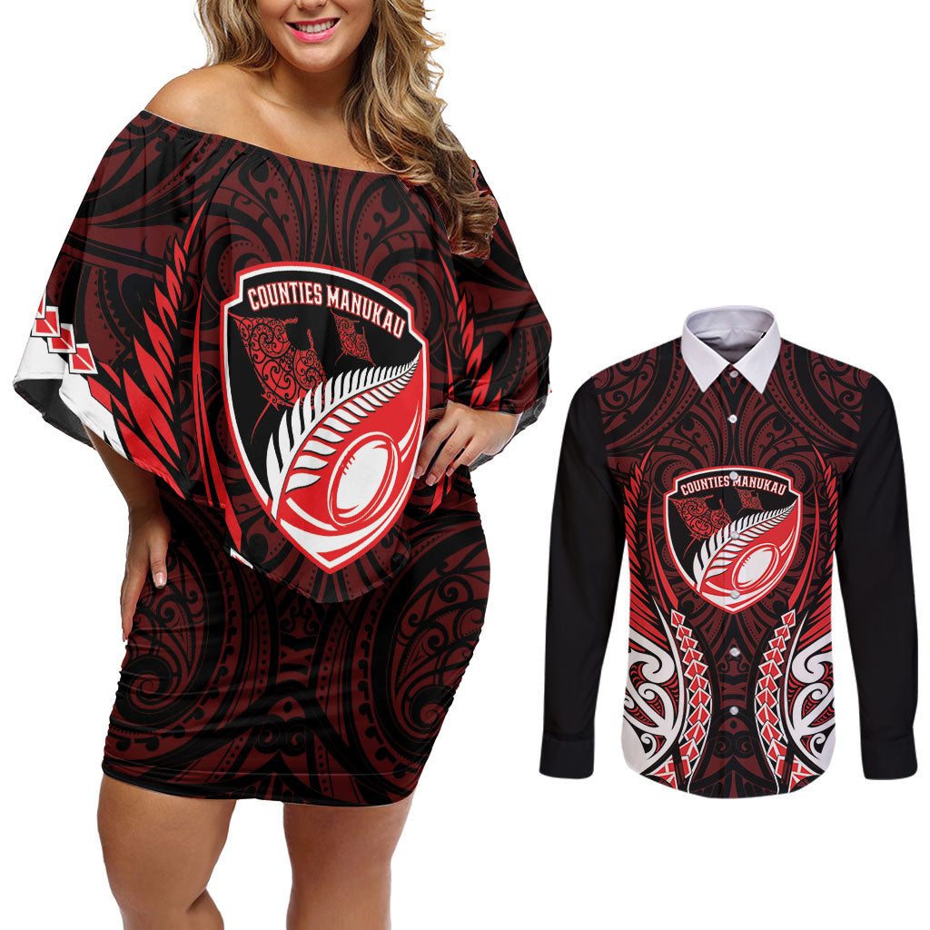 Counties Manukau 2026 Rugby Custom Couples Matching Off Shoulder Short Dress and Long Sleeve Button Shirt NZ Maori Silver Fern