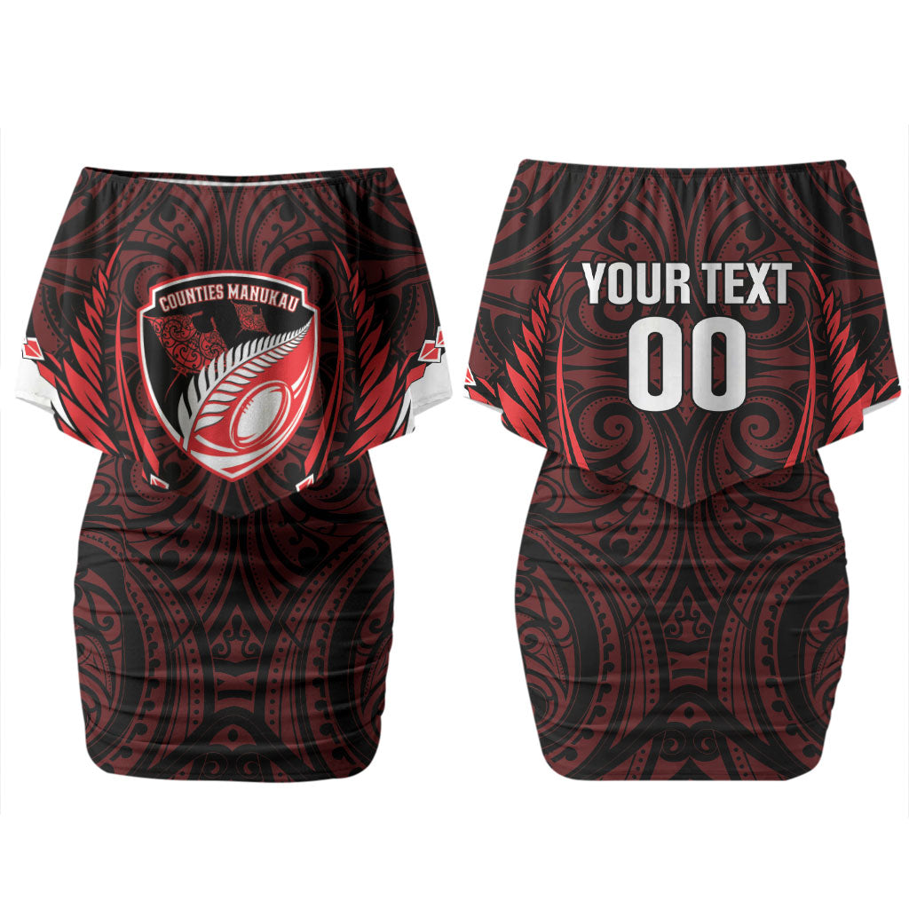 Counties Manukau 2026 Rugby Custom Couples Matching Off Shoulder Short Dress and Long Sleeve Button Shirt NZ Maori Silver Fern LT14 - Polynesian Pride