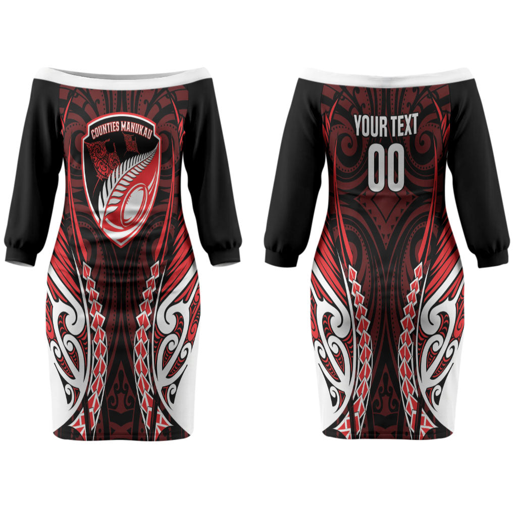 Counties Manukau 2026 Rugby Custom Couples Matching Off The Shoulder Long Sleeve Dress and Hawaiian Shirt NZ Maori Silver Fern LT14 - Polynesian Pride