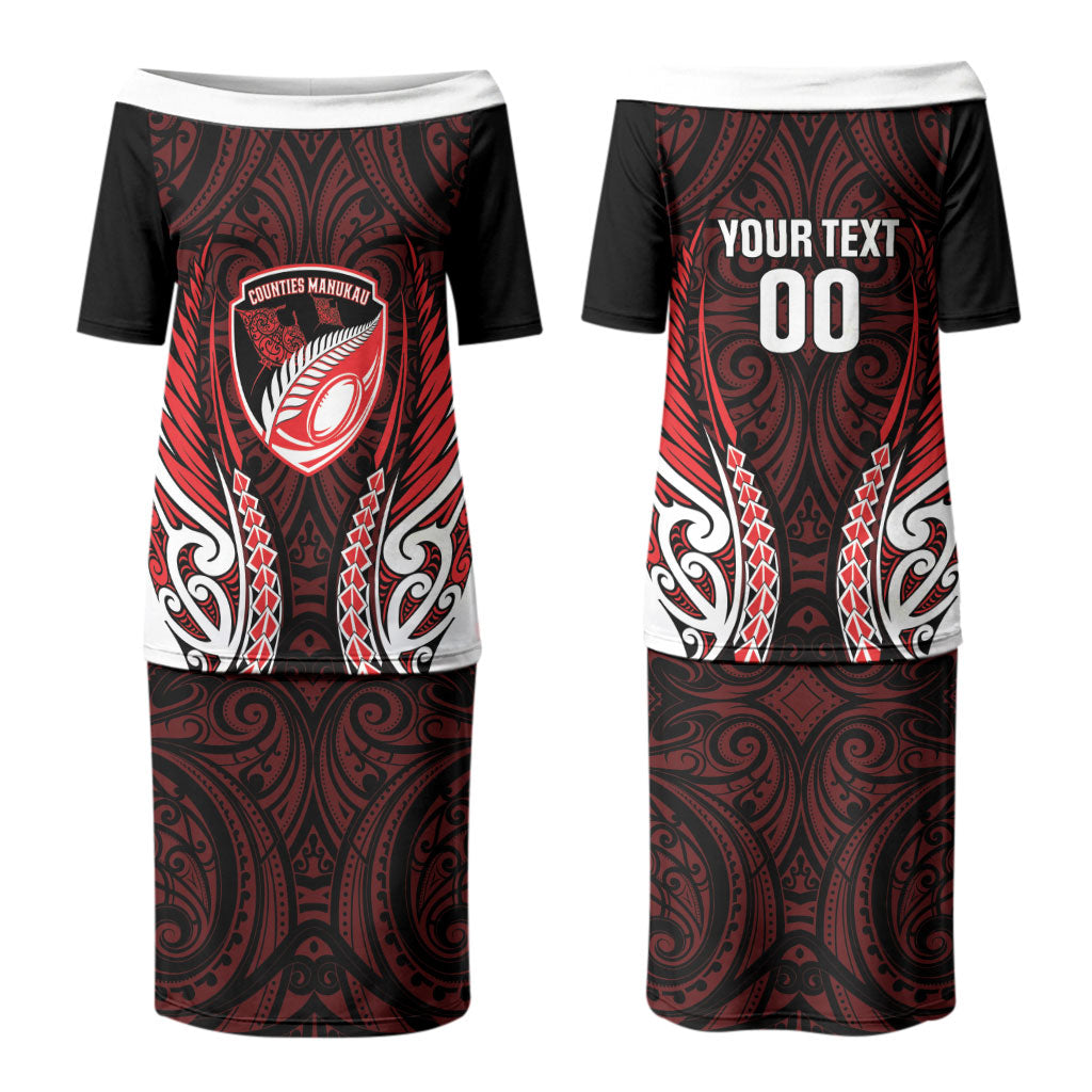 Counties Manukau 2026 Rugby Custom Couples Matching Puletasi and Long Sleeve Button Shirt NZ Maori Silver Fern LT14 - Polynesian Pride