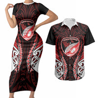 Counties Manukau 2026 Rugby Custom Couples Matching Short Sleeve Bodycon Dress and Hawaiian Shirt NZ Maori Silver Fern LT14 Red - Polynesian Pride