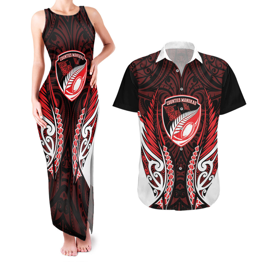 Counties Manukau 2026 Rugby Custom Couples Matching Tank Maxi Dress and Hawaiian Shirt NZ Maori Silver Fern
