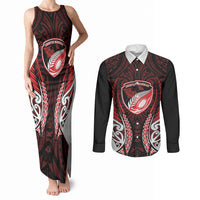 Counties Manukau 2026 Rugby Custom Couples Matching Tank Maxi Dress and Long Sleeve Button Shirt NZ Maori Silver Fern LT14 Red - Polynesian Pride